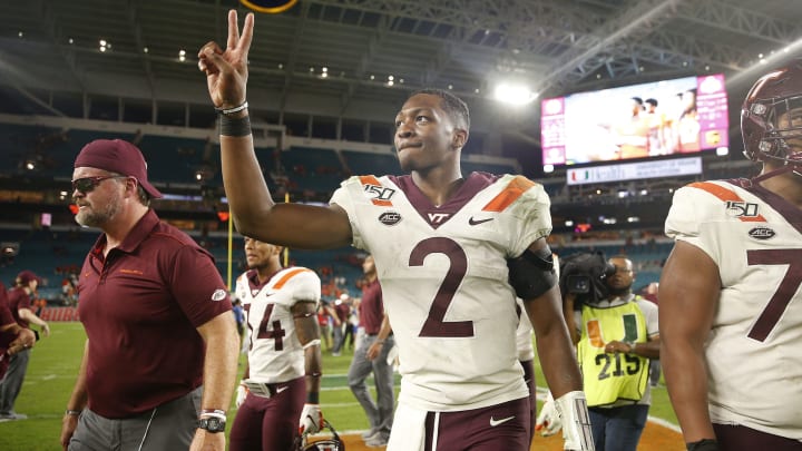 MIAMI, FLORIDA – OCTOBER 05: Hendon Hooker #2 of the Virginia Tech Hokies reacts after defeating the Miami Hurricanes 42-35 at Hard Rock Stadium on October 05, 2019 in Miami, Florida. (Photo by Michael Reaves/Getty Images)
