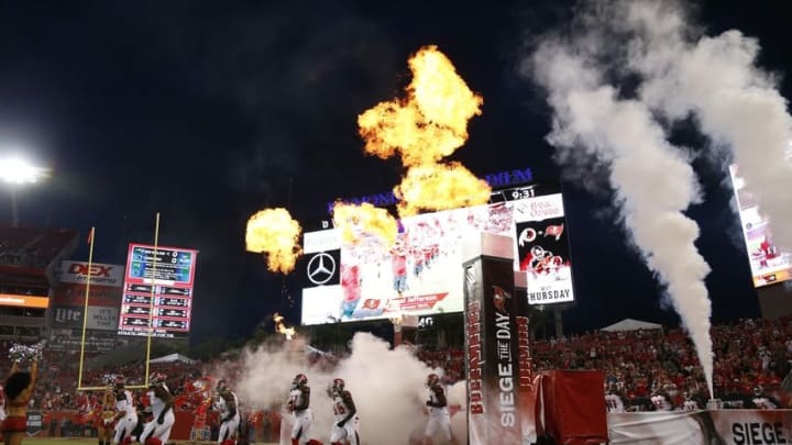 Aug 26, 2016; Tampa, FL, USA; Tampa Bay Buccaneers run out of the tunnel before the game against the Cleveland Browns at Raymond James Stadium. Mandatory Credit: Kim Klement-USA TODAY Sports