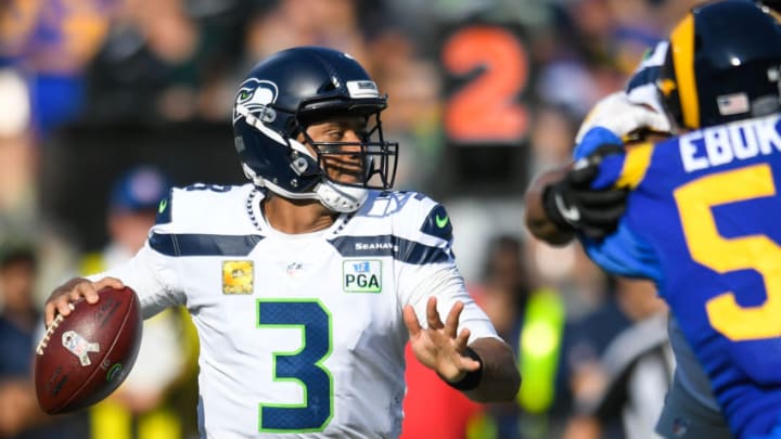 LOS ANGELES, CA - NOVEMBER 11: Quarterback Russell Wilson #3 of the Seattle Seahawks drops back to pass against the Los Angeles Rams at Los Angeles Memorial Coliseum on November 11, 2018 in Los Angeles, California. (Photo by John McCoy/Getty Images)