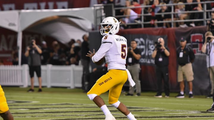 SAN DIEGO, CA - SEPTEMBER 15: Arizona State Sun Devils quarterback Manny Wilkins (5) drops back to pass during a college football game between the Arizona State Sun Devils and the San Diego State Aztecs on September 15, 2018, at SDCCU Stadium in San Diego, CA.(Photo by Justin Fine/Icon Sportswire via Getty Images)