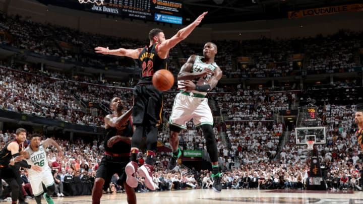 CLEVELAND, OH - MAY 25: Terry Rozier #12 of the Boston Celtics passes the ball against the Cleveland Cavaliers during Game Six of the Eastern Conference Finals of the 2018 NBA Playoffs on May 25, 2018 at Quicken Loans Arena in Cleveland, Ohio. NOTE TO USER: User expressly acknowledges and agrees that, by downloading and or using this Photograph, user is consenting to the terms and conditions of the Getty Images License Agreement. Mandatory Copyright Notice: Copyright 2018 NBAE (Photo by Nathaniel S. Butler/NBAE via Getty Images)