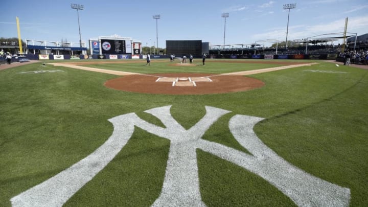 TAMPA, FL - FEBRUARY 25: General view of the New York Yankees logo as the grounds crew prepares the field prior to a Grapefruit League spring training game against the Toronto Blue Jays at Steinbrenner Field on February 25, 2019 in Tampa, Florida. The Yankees won 3-0. (Photo by Joe Robbins/Getty Images)