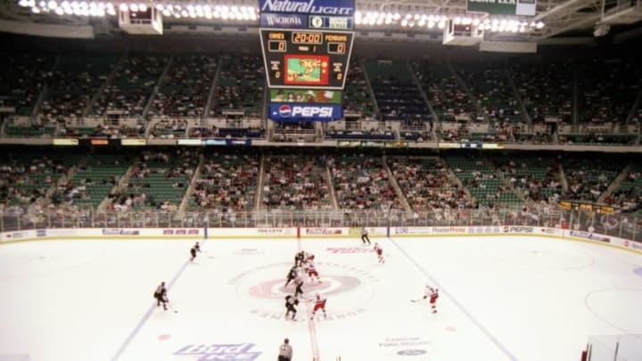 3 Oct 1997: General view of the first home game for the Carolina Hurricanes as they play the Pittsburgh Penguins at the Greensboro Coliseum in Greensboro, North Carolina. The Penguins won the game 4-3. Mandatory Credit: Craig Jones /Allsport