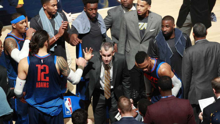 INDIANAPOLIS, IN - DECEMBER 13: Billy Donovan of the OKC Thunder during a time-out against the Indiana Pacers on December 13, 2017 at Bankers Life Fieldhouse in Indianapolis, Indiana.Copyright 2017 NBAE (Photo by Jeff Haynes/NBAE via Getty Images)