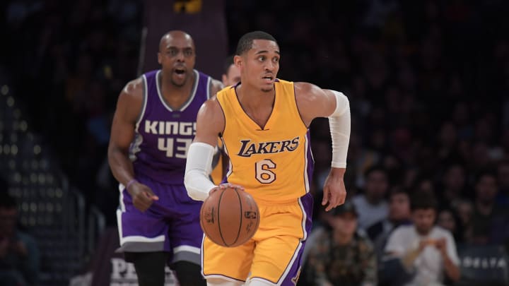 Feb 14, 2017; Los Angeles, CA, USA; Los Angeles Lakers guard Jordan Clarkson (6) dribbles the ball against the Sacramento Kings during a NBA basketball game at Staples Center. Mandatory Credit: Kirby Lee-USA TODAY Sports