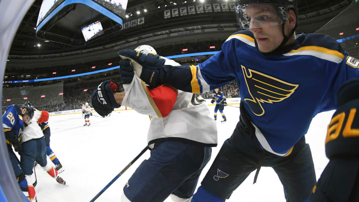 ST. LOUIS, MO. – DECEMBER 11: St. Louis Blues defenseman Colton Parayko (55) competes for a loose puck on the boards during a NHL game between the Florida Panthers and the St. Louis Blues on December 11, 2018, at Enterprise Center, St. Louis, MO. (Photo by Keith Gillett/Icon Sportswire via Getty Images)
