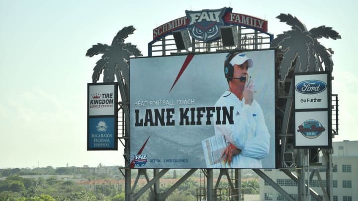 Dec 13, 2016; Boca Raton, FL, USA; A general view of the scoreboard welcoming new Florida Atlantic Owls head coach Lane Kiffin at FAU Football Stadium. Mandatory Credit: Jasen Vinlove-USA TODAY Sports