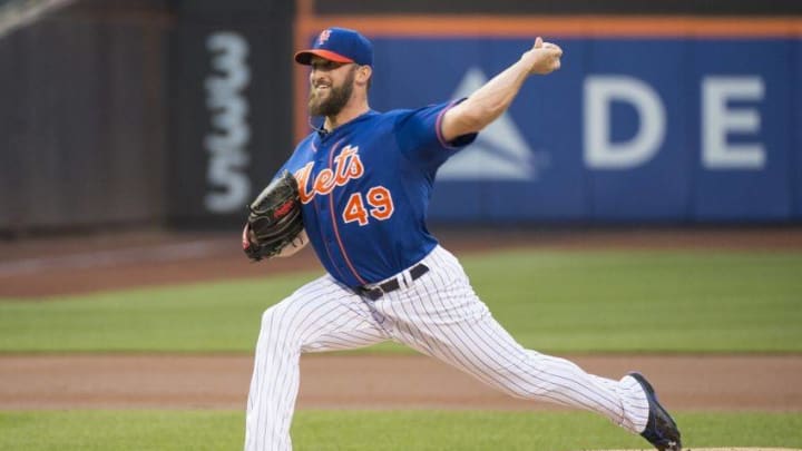 Aug 15, 2015; New York City, NY, USA; New York Mets pitcher Jon Niese (49) delivers a pitch during the first inning of the game against the Pittsburgh Pirates at Citi Field. Mandatory Credit: Gregory J. Fisher-USA TODAY Sports