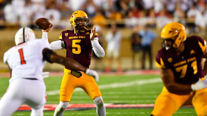 LUBBOCK, TX – SEPTEMBER 16: Manny Wilkins #5 of the Arizona State Sun Devils looks to pass during the first half of the game against the Texas Tech Red Raiders on September 16, 2017, at Jones AT&T Stadium in Lubbock, Texas. (Photo by John Weast/Getty Images)