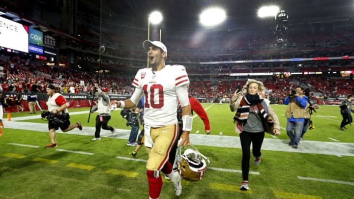 GLENDALE, ARIZONA - OCTOBER 31: Quarterback Jimmy Garoppolo #10 of the San Francisco 49ers walks off the field following the NFL football game against the Arizona Cardinals at State Farm Stadium on October 31, 2019 in Glendale, Arizona. The 49ers defeated the Cardinals 28-25. (Photo by Ralph Freso/Getty Images)