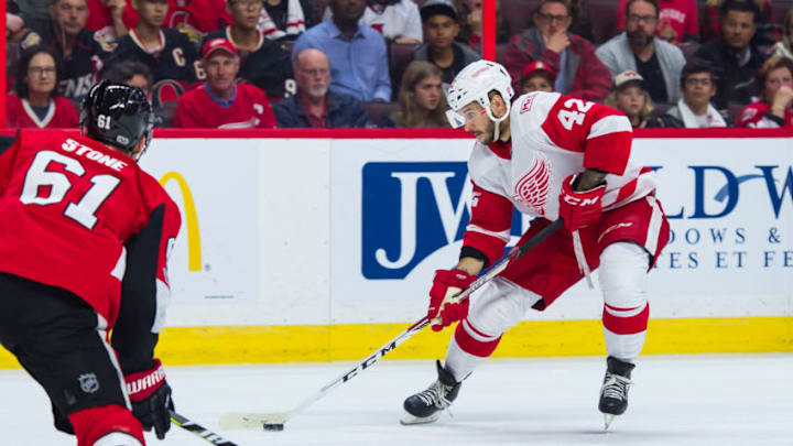 OTTAWA, ON - OCTOBER 07: Detroit Red Wings Right Wing Martin Frk (42) stickhandles the puck as Ottawa Senators Right Wing Mark Stone (61) defends during the NHL game between the Ottawa Senators and the Detroit Red Wings on Oct. 7, 2017 at the Canadian Tire Centre in Ottawa, Ontario, Canada. (Photo by Steven Kingsman/Icon Sportswire via Getty Images)