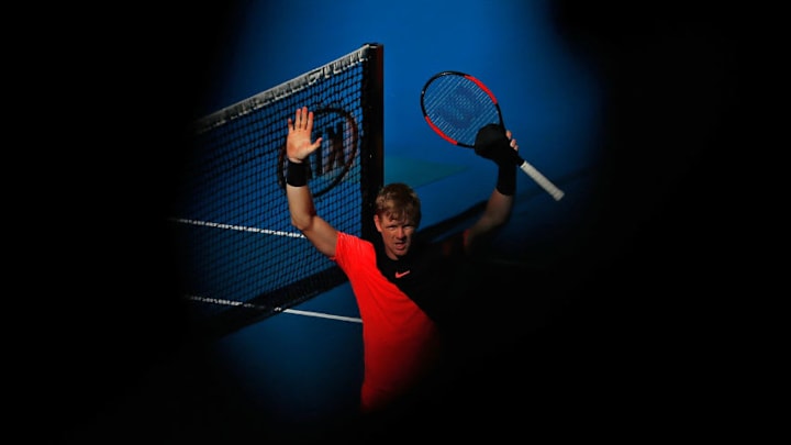 MELBOURNE, AUSTRALIA - JANUARY 23: Kyle Edmund of Great Britain celebrates winning his quarter-final match against Grigor Dimitrov of Bulgaria on day nine of the 2018 Australian Open at Melbourne Park on January 23, 2018 in Melbourne, Australia. (Photo by Scott Barbour/Getty Images)