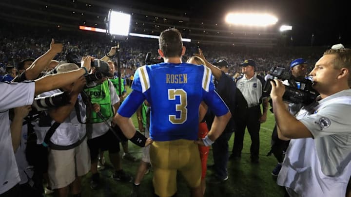 PASADENA, CA - SEPTEMBER 03: Josh Rosen #3 of the UCLA Bruins talks with the media after UCLA Bruins defeated Texas A&M Aggies 45-44 in a game at the Rose Bowl on September 3, 2017 in Pasadena, California. (Photo by Sean M. Haffey/Getty Images)