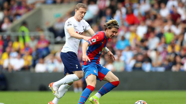 : Conor Gallagher of Crystal Palace and Oliver Skipp of Tottenham Hotspur battle for the ball during the Premier League match between Crystal Palace and Tottenham Hotspur at Selhurst Park