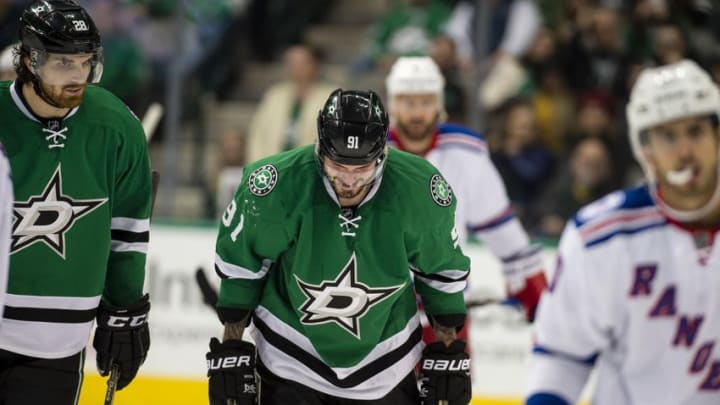 Dec 15, 2016; Dallas, TX, USA; Dallas Stars center Tyler Seguin (91) leaves the ice with an apparent injury during the third period against the New York Rangers at the American Airlines Center. The Rangers shut out the Stars 2-0. Mandatory Credit: Jerome Miron-USA TODAY Sports