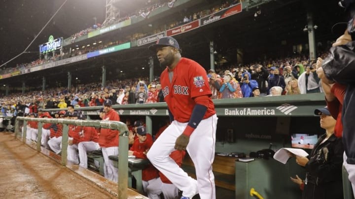 Sep 30, 2016; Boston, MA, USA; Boston Red Sox designated hitter David Ortiz (34) is honored before the start of the game against the Toronto Blue Jays at Fenway Park. Mandatory Credit: David Butler II-USA TODAY Sports