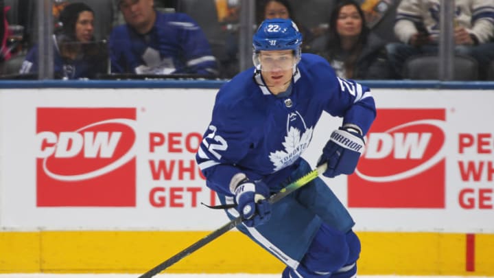 TORONTO, ON - FEBRUARY 27: Nikita Zaitsev #22 of the Toronto Maple Leafs skates with the puck against the Edmonton Oilers during an NHL game at Scotiabank Arena on February 27, 2019 in Toronto, Ontario, Canada. The Maple Leafs defeated the Oilers 6-2. (Photo by Claus Andersen/Getty Images)