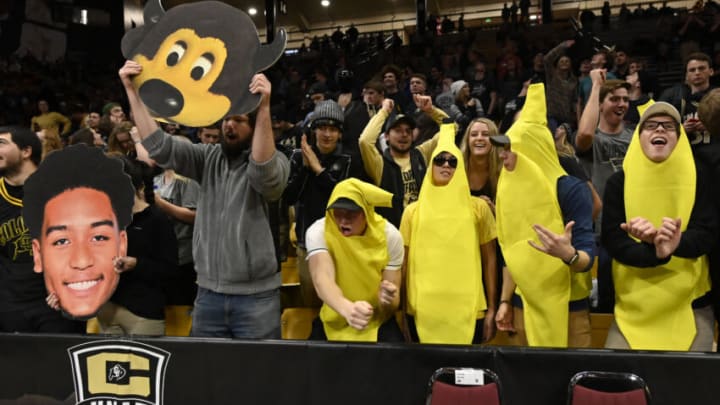 Feb 17, 2019; Boulder, CO, USA; Colorado Buffaloes student fans cheer during the second half against the Arizona Wildcats at the Coors Events Center. Mandatory Credit: Ron Chenoy-USA TODAY Sports