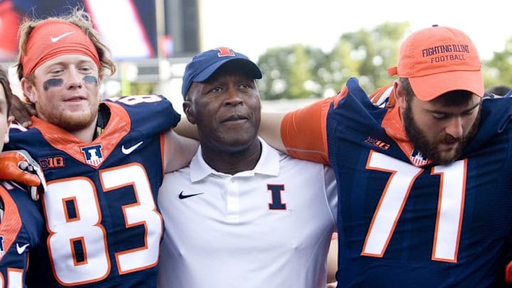 Sep 3, 2016; Champaign, IL, USA; Illinois Fighting Illini wide receiver Samuel Harlib (82) and Illinois Fighting Illini offensive lineman Joe Spencer (71) celebrate with head coach Lovie Smith after the game against the Murray State Racers at Memorial Stadium. Illinois defeated Murray State 52 to 3. Mandatory Credit: Mike Granse-USA TODAY Sports