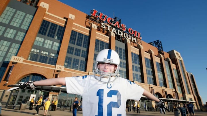 INDIANAPOLIS, IN - SEPTEMBER 21: A fan poses in front of the stadium before the start of the Indianapolis Colts against the New York Jets at Lucas Oil Stadium on September 21, 2015 in Indianapolis, Indiana. (Photo by Joe Robbins/Getty Images)