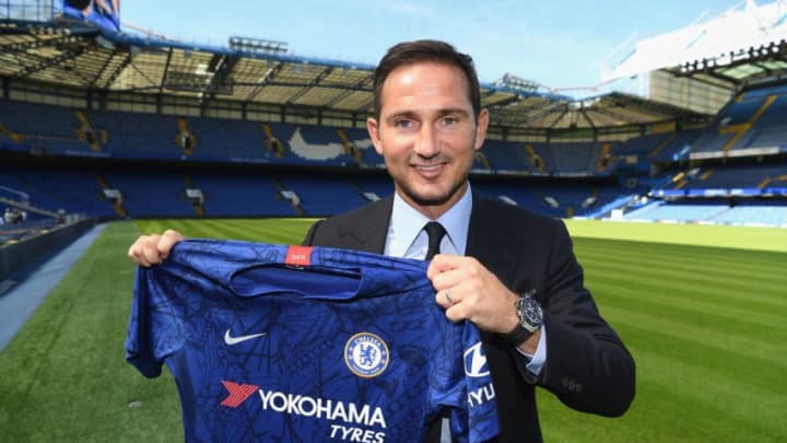 LONDON, ENGLAND - JULY 04: New Chelsea Head Coach Frank Lampard holds the home Chelsea FC shirt after press conference at Stamford Bridge on July 4, 2019 in London, England. (Photo by Darren Walsh/Chelsea FC via Getty Images)