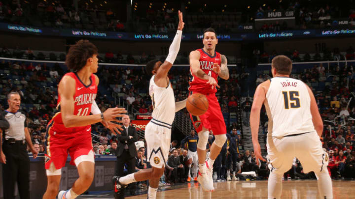 NEW ORLEANS, LA - OCTOBER 31: JJ Redick #4 of the New Orleans Pelicans passes the ball against the Denver Nuggets on October 31, 2019 at the Smoothie King Center in New Orleans, Louisiana. NOTE TO USER: User expressly acknowledges and agrees that, by downloading and or using this Photograph, user is consenting to the terms and conditions of the Getty Images License Agreement. Mandatory Copyright Notice: Copyright 2019 NBAE (Photo by Layne Murdoch Jr./NBAE via Getty Images)