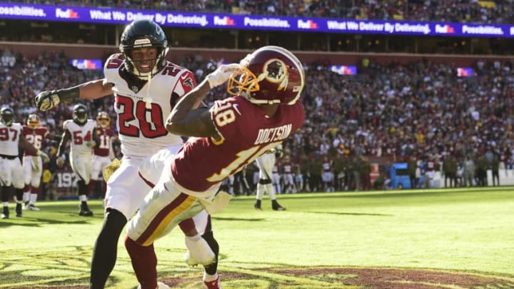 LANDOVER, MD - NOVEMBER 04: Wide receiver Josh Doctson #18 of the Washington Redskins catches a pass for a touchdown against free safety Isaiah Oliver #20 of the Atlanta Falcons in the second quarter at FedExField on November 4, 2018 in Landover, Maryland. (Photo by Patrick McDermott/Getty Images)
