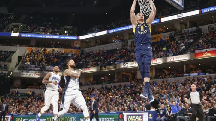 INDIANAPOLIS, IN - NOVEMBER 27: Domantas Sabonis #11 of the Indiana Pacers dunks the ball against the Orlando Magic at Bankers Life Fieldhouse on November 27, 2017 in Indianapolis, Indiana. NOTE TO USER: User expressly acknowledges and agrees that, by downloading and or using this photograph, User is consenting to the terms and conditions of the Getty Images License Agreement.(Photo by Michael Hickey/Getty Images)