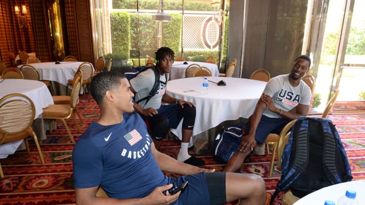 LAS VEGAS, NV – July 27: Tobias Harris, Myles Turner and Harrison Barnes talk before USAB Minicamp at Mendenhall Center on the University of Nevada, Las Vegas campus on July 27, 2018 in Las Vegas, Nevada. NOTE TO USER: User expressly acknowledges and agrees that, by downloading and/or using this Photograph, user is consenting to the terms and conditions of the Getty Images License Agreement. Mandatory Copyright Notice: Copyright 2018 NBAE (Photo by Andrew D. Bernstein/NBAE via Getty Images)