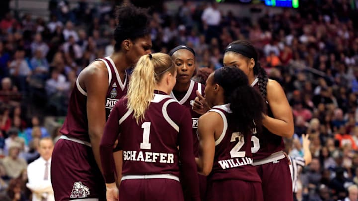 DALLAS, TX - APRIL 02: The Mississippi State Lady Bulldogs huddle against the South Carolina Gamecocks during the first half of the championship game of the 2017 NCAA Women's Final Four at American Airlines Center on April 2, 2017 in Dallas, Texas. (Photo by Ron Jenkins/Getty Images)
