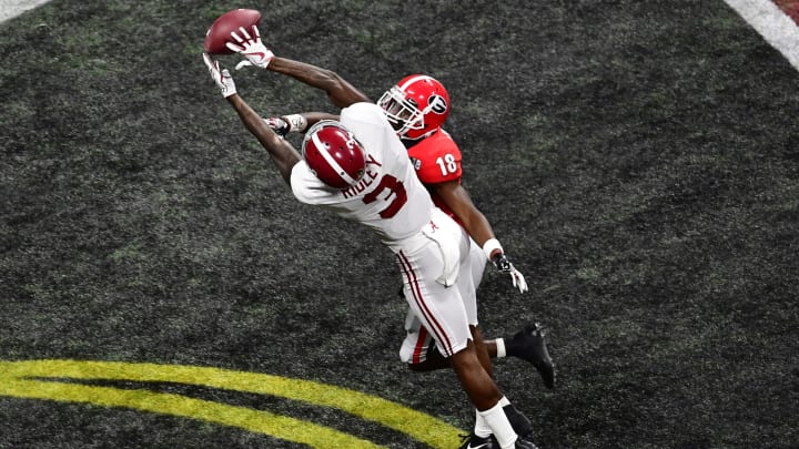 ATLANTA, GA – JANUARY 08: Calvin Ridley #3 of the Alabama Crimson Tide is unable to make a catch in the end zone against Deandre Baker #18 of the Georgia Bulldogs in the CFP National Championship presented by AT&T at Mercedes-Benz Stadium on January 8, 2018 in Atlanta, Georgia. (Photo by Scott Cunningham/Getty Images)