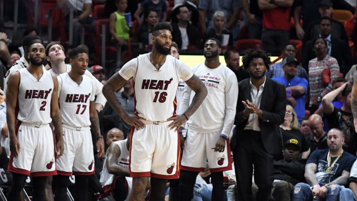 Apr 10, 2017; Miami, FL, USA; Miami Heat forward James Johnson (16) reacts after fouling out of the game during the second half against the Cleveland Cavaliers at American Airlines Arena. The Heat won 124-121 in overtime. Mandatory Credit: Steve Mitchell-USA TODAY Sports