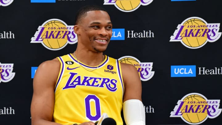 Sep 26, 2022; El Segundo, CA, USA; Los Angeles Lakers guard Russell Westbrook (0) reacts during Lakers Media Day at UCLA Health Training Center. Mandatory Credit: Gary A. Vasquez-USA TODAY Sports