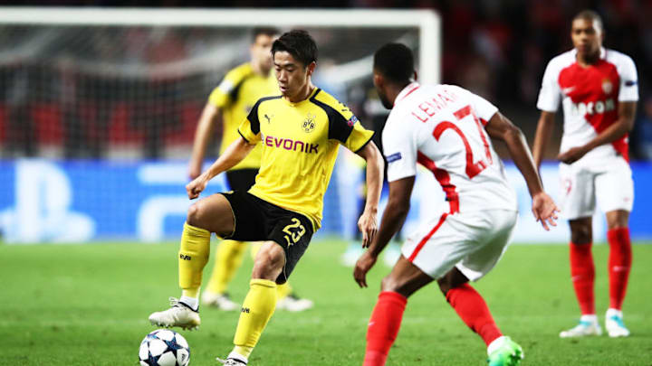 MONACO - APRIL 19: Shinji Kagawa of Borussia Dortmund in action during the UEFA Champions League Quarter Final second leg match between AS Monaco and Borussia Dortmund at Stade Louis II on April 19, 2017 in Monaco, Monaco. (Photo by Alex Grimm/Bongarts/Getty Images )