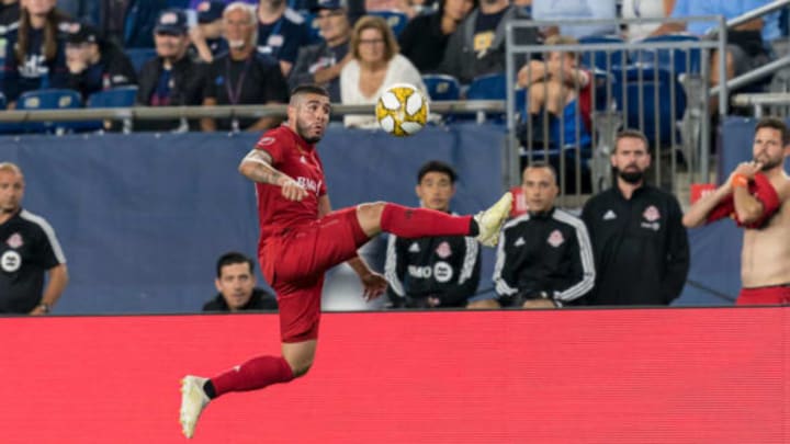 FOXBOROUGH, MA – AUGUST 31: Alejandro Pozuelo #10 of Toronto FC collects a pass during a game between Toronto FC and New England Revolution at Gillette Stadium on August 31, 2019 in Foxborough, Massachusetts. (Photo by Andrew Katsampes/ISI Photos/Getty Images).