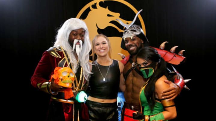LOS ANGELES, CALIFORNIA – JANUARY 17: (L-R) Kofi Kingston, Ronda Rousey, Xavier Woods, and Zelina Vega attend Mortal Kombat 11: The Reveal on January 17, 2019 in Los Angeles, California. (Photo by Tasia Wells/Getty Images for Warner Bros. Interactive Entertainment)