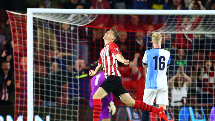 SOUTHAMPTON, ENGLAND – APRIL 20: Sam Gallagher of Southampton celebrates after scoring to make it 2-1 of during the Under 21 Premier League Cup Final Second Leg match between Southampton and Blackburn Rovers at St Mary’s Stadium on April 20, 2015 in Southampton, England. (Photo by Jordan Mansfield/Getty Images)