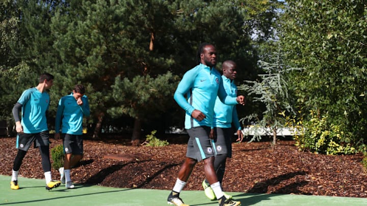 COBHAM, ENGLAND - SEPTEMBER 11: Victor Moses and N'Golo Kante of Chelsea walk out for a training session ahead of the UEFA Champions League Group C match against FK Qarabag at Chelsea Training Ground on September 11, 2017 in Cobham, England. (Photo by Dan Istitene/Getty Images)
