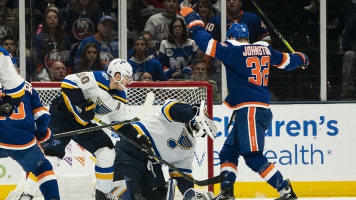 UNIONDALE, NY - OCTOBER 14:\s50\ makes a glove save during the third period of the game between the St. Louis Blues and the New York Islanders on October 14, 2019, at the Nassau Veterans Memorial Coliseum in Uniondale, NY, (Photo by Gregory Fisher/Icon Sportswire via Getty Images)