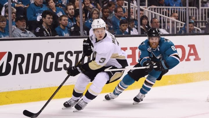 Jun 4, 2016; San Jose, CA, USA; Pittsburgh Penguins defenseman Olli Maatta (3) is chased by San Jose Sharks center Joe Pavelski (8) in the third period of game three of the 2016 Stanley Cup Final at SAP Center at San Jose. Mandatory Credit: Kyle Terada-USA TODAY Sports