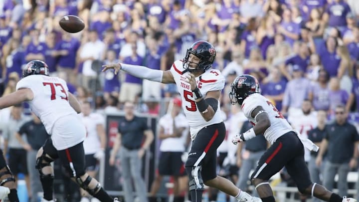 Oct 29, 2016; Fort Worth, TX, USA; Texas Tech Red Raiders quarterback Patrick Mahomes II (5) throws a pass in the third quarter against the TCU Horned Frogs at Amon G. Carter Stadium. Texas Tech won 27-24 in double overtime. Mandatory Credit: Tim Heitman-USA TODAY Sports