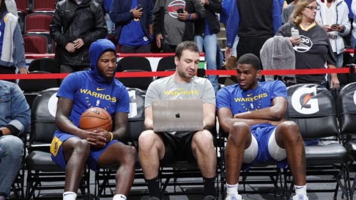 CHICAGO, IL - OCTOBER 29: Jordan Bell #2 and and Kevon Looney #5 of the Golden State Warriors before the game against the Chicago Bulls on October 29, 2018 at United Center in Chicago, Illinois. NOTE TO USER: User expressly acknowledges and agrees that, by downloading and or using this photograph, User is consenting to the terms and conditions of the Getty Images License Agreement. Mandatory Copyright Notice: Copyright 2018 NBAE (Photo by Jeff Haynes/NBAE via Getty Images)