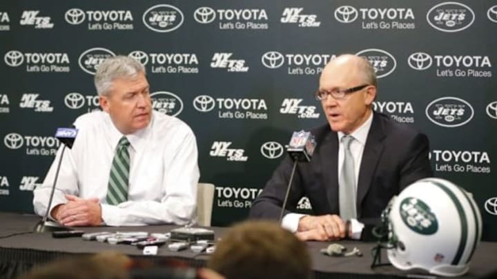 Jan 8, 2013; Florham Park, NJ, USA; New York Jets owner Woody Johnson (right) and head coach Rex Ryan (left) review the 2012 season and address changes for 2013 at the New York Jets Training Facility. Mandatory Credit: Jim O