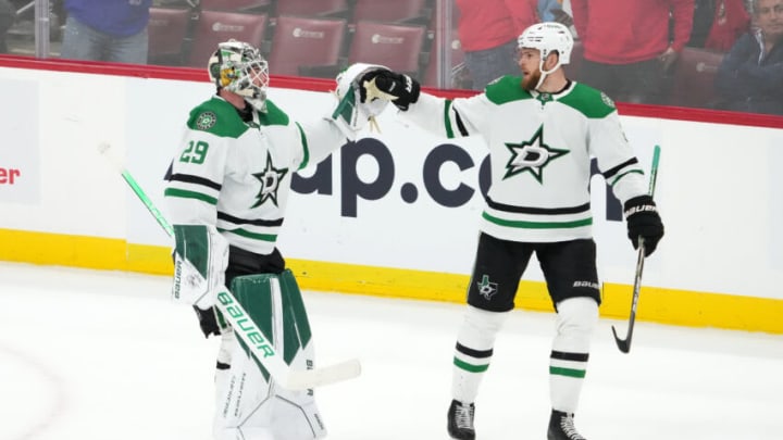 Nov 17, 2022; Sunrise, Florida, USA; Dallas Stars defenseman Jani Hakanpaa (2) celebrates with Dallas Stars goaltender Jake Oettinger (29) after defeating the Florida Panthers at FLA Live Arena. Mandatory Credit: Jasen Vinlove-USA TODAY Sports