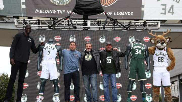 MILWAUKEE, WI - AUGUST 10: Milwaukee Bucks president Peter Feigin, Thon Maker, Bango and representatives from Harley-Davidson announce and unveil the team's new uniforms featuring the Harley-Davidson logo as part of their new sponsorship agreement during a press conference at the Harley-Davidson Museum on August 10, 2017 in Milwaukee, Wisconsin. NOTE TO USER: User expressly acknowledges and agrees that, by downloading and or using this Photograph, user is consenting to the terms and conditions of the Getty Images License Agreement. Mandatory Copyright Notice: Copyright 2017 NBAE (Photo by Gary Dineen/NBAE via Getty Images)