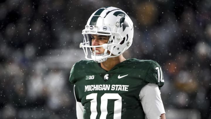 EAST LANSING, MICHIGAN - NOVEMBER 27: Payton Thorne #10 of the Michigan State Spartans looks on against the Penn State Nittany Lions at Spartan Stadium on November 27, 2021 in East Lansing, Michigan. (Photo by Nic Antaya/Getty Images)