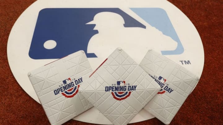 ST. PETERSBURG, FL - MARCH 29: The bases with the 'Opening Day' logo displayed on the on deck circle before the MLB game between the Boston Red Sox and Tampa Bay Rays on March 29, 2018 at Tropicana Field in St. Petersburg, FL. (Photo by Mark LoMoglio/Icon Sportswire via Getty Images)