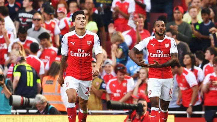 LONDON, ENGLAND - AUGUST 14: Theo Walcott of Arsenal celebrates scoring the opening goal during the Premier League match between Arsenal and Liverpool at Emirates Stadium on August 14, 2016 in London, England. (Photo by Mike Hewitt/Getty Images)