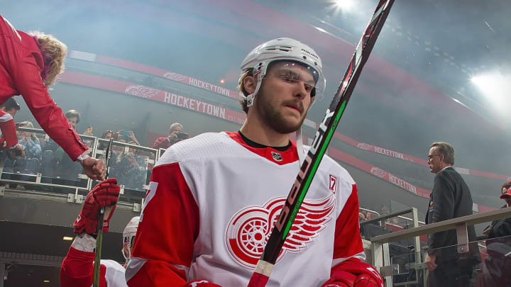 DETROIT, MI – MARCH 14: Michael Rasmussen #27 of the Detroit Red Wings walks out to the rink before the start of an NHL game against the Tampa Bay Lightning at Little Caesars Arena on March 14, 2019 in Detroit, Michigan. Tampa defeated Detroit 5-4. (Photo by Dave Reginek/NHLI via Getty Images)