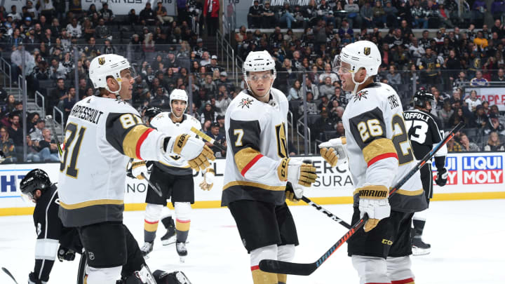 LOS ANGELES, CA – OCTOBER 13: Jonathan Marchessault #81,Valentin Zykov #7 and Paul Stastny #26 of the Vegas Golden Knights celebrate Stastnys second second-period goal during the game against the Los Angeles Kings at STAPLES Center on October 13, 2019 in Los Angeles, California. (Photo by Juan Ocampo/NHLI via Getty Images)